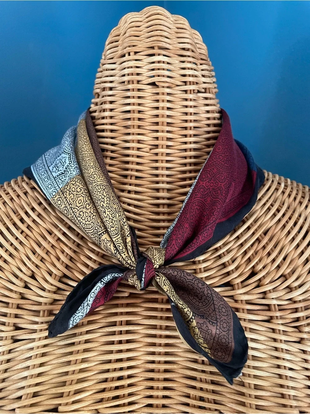 Silk Neckerchief Square Scarf EUC Approximately 18” x 18” Silver, Red, Blue Gold